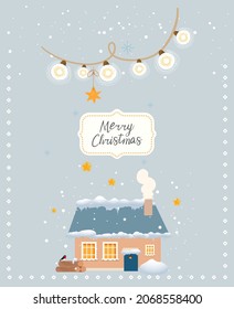 Christmas Background with rural winter landscape. Vector Illustration