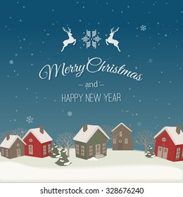 Christmas Background with rural winter landscape. Vector Illustration