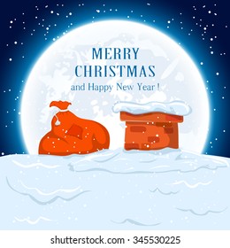 Christmas background with sack of Santa on the roof,  illustration.