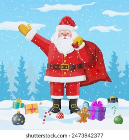 Christmas background. Santa claus with bag with gifts. Winter landscape with fir trees forest and snowing. Happy new year celebration. New year xmas holiday. Vector illustration flat style