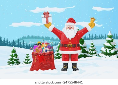 Christmas background. Santa claus with bag with gifts. Winter landscape with fir trees forest and snowing. Happy new year celebration. New year xmas holiday. Vector illustration flat style