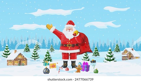 Christmas background. Santa claus with bag with gifts. Winter landscape with fir trees forest and snowing. Village. Happy new year celebration. New year xmas holiday. Vector illustration flat style