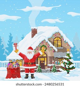 Christmas background. Santa claus with bag with gifts. Winter landscape with fir trees forest and snowing. Village. Happy new year celebration. New year xmas holiday. Vector illustration flat style