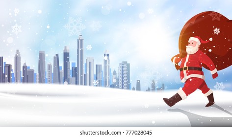 Christmas Background Santa Claus Carry Sack Of Presents Over Winter City Landscape Holidays Concept Flat Vector Illustration