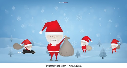 Christmas background of Santa Claus Collection in winter elegant blue bokeh background. Seasonal cool light decorative abstract design element. Vector illustration.