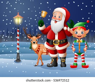 Christmas background with Santa Claus, deer and elf 