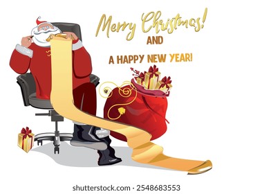 Christmas background with Santa Claus doing his professional tasks with a gift list in the office. Hand drawn vector illustration.