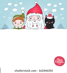 Christmas background with Santa Claus, elf and cat