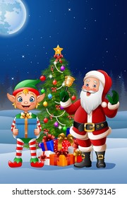 Christmas background with Santa Claus and elf