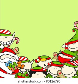 Christmas background with Santa Claus and elves