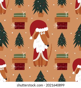 Christmas background with Santa Claus. Festive background with a dog. Winter vector background. New Year's design for wrapping paper, fabric, covers and cards.