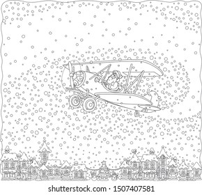 Christmas background with Santa Claus flying his old wood airplane through snowfall over a small town, black and white vector illustration in a cartoon style for a coloring book