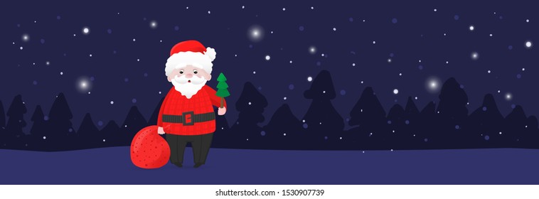 Christmas background with Santa Claus in the forest. Cartoon old man in suit with christmas tree in hand vector illustration. Santa Claus on the dark background. Copyspace place for Merry Christmas.