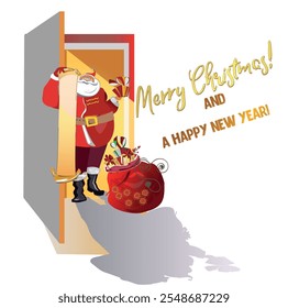 Christmas background with Santa Claus with a gift list in the door. Hand drawn vector illustration.