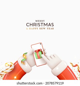 Christmas background  Santa Claus hands hold mobile phone  smartphone   click screen  Realistic 3d gifts boxes  gold confetti  Smartphone mock up and Christmas design  Vector illustration