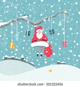 Christmas background. Santa Claus hanging on tree branch and can't go down. Vector illustration
