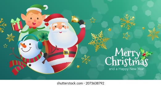 Christmas background with Santa Claus and his companions and Merry Christmas calligraphy. Vector flat illustration.