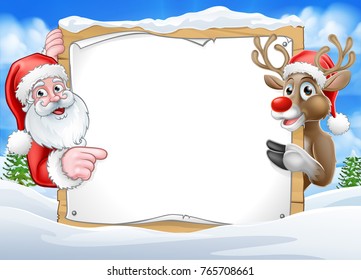 A Christmas background with Santa Claus and his reindeer peeking around a sign with copy space