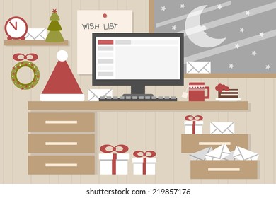 christmas background - santa claus home desk, flat design