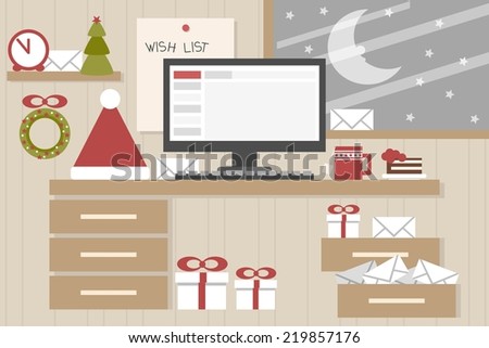 christmas background - santa claus home desk, flat design