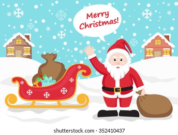 Christmas Background - Santa Claus with Merry Christmas Bubble and cute red sleigh on snow, snowflakes and house background