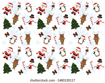 christmas background with santa claus, penguin, deer, christmas tree and snowflakes, pattern