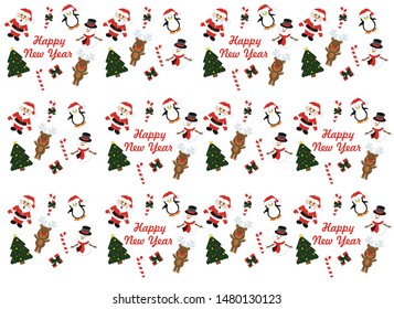 christmas background with santa claus, penguin, deer, christmas tree and snowflakes, pattern