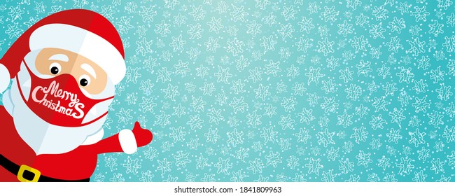 Christmas background with Santa Claus in a protective mask on a blue background with snowflakes in the form of coronaviruses.