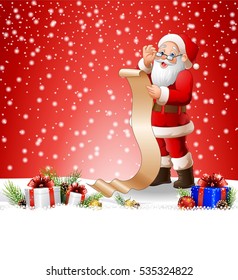 Christmas background with Santa Claus reading a long list of gifts