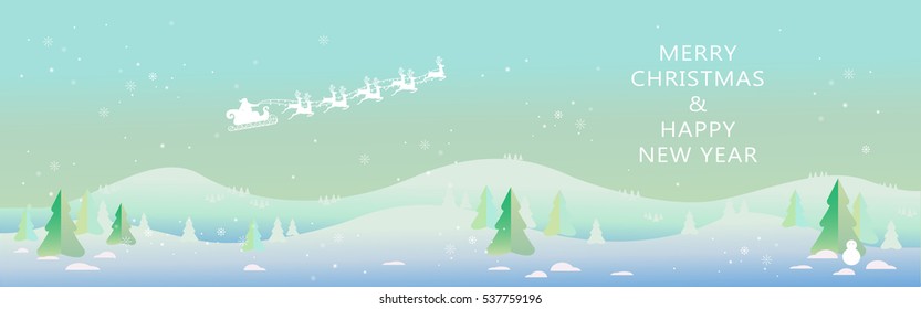 Christmas background: Santa claus with the reindeers leading the sleigh flying over the snow hills for Christmas events.
