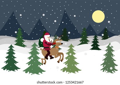Christmas background. Santa claus rides reindeer sleigh. Winter landscape with trees forest and snowing. Christmas celebration. New year xmas holiday. Santa riding Reindeer jumping from the snow