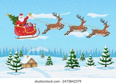 Christmas background. Santa claus rides reindeer sleigh. Winter landscape with fir trees forest and snowing. Happy new year celebration. New year xmas holiday. Vector illustration flat style