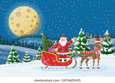 Christmas background. Santa claus rides reindeer sleigh. Night winter landscape with fir trees forest, fullmoon and snowing. New year celebration. New year xmas holiday. Vector illustration flat style