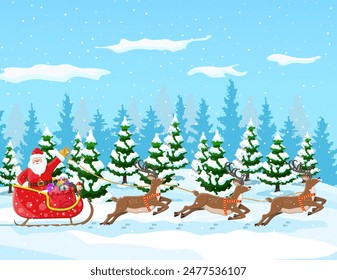 Christmas background. Santa claus rides reindeer sleigh. Winter landscape with fir trees forest and snowing. Happy new year celebration. New year xmas holiday. Vector illustration flat style