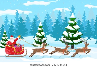 Christmas background. Santa claus rides reindeer sleigh. Winter landscape with fir trees forest and snowing. Happy new year celebration. New year xmas holiday. Vector illustration flat style