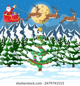 Christmas background. Santa claus rides reindeer sleigh. Winter landscape with fir trees forest mountains and snowing. Happy new year celebration. New year xmas holiday. Vector illustration flat style