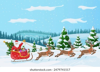 Christmas background. Santa claus rides reindeer sleigh. Winter landscape with fir trees forest and snowing. Happy new year celebration. New year xmas holiday. Vector illustration flat style