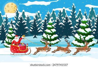 Christmas background. Santa claus rides reindeer sleigh. Winter landscape with fir trees forest and snowing. Happy new year celebration. New year xmas holiday. Vector illustration flat style