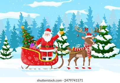 Christmas background. Santa claus rides reindeer sleigh. Winter landscape with fir trees forest and snowing. Happy new year celebration. New year xmas holiday. Vector illustration flat style