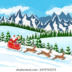 Christmas background. Santa claus rides reindeer sleigh. Winter landscape with fir trees forest mountains and snowing. Happy new year celebration. New year xmas holiday. Vector illustration flat style