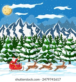 Christmas background. Santa claus rides reindeer sleigh. Winter landscape with fir trees forest mountains and snowing. Happy new year celebration. New year xmas holiday. Vector illustration flat style