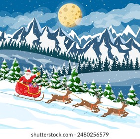 Christmas background. Santa claus rides reindeer sleigh. Winter landscape with fir trees forest mountains and snowing. Happy new year celebration. New year xmas holiday. Vector illustration flat style