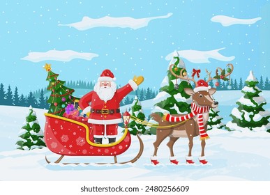 Christmas background. Santa claus rides reindeer sleigh. Winter landscape with fir trees forest and snowing. Happy new year celebration. New year xmas holiday. Vector illustration flat style