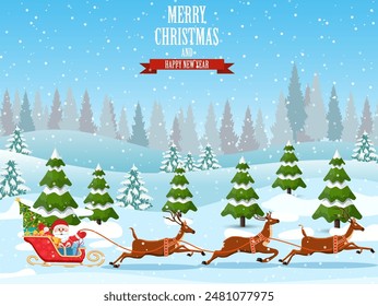 Christmas background. Santa claus rides reindeer sleigh. Winter landscape with fir trees forest and snowing. Happy new year celebration. New year xmas holiday. Vector illustration flat style