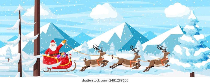 Christmas Background. Santa Claus Rides Reindeer Sleigh. Winter Landscape with Fir Trees Forest Mountains and Snowing. Happy New Year Celebration. New Year Xmas Holiday. Vector Illustration Flat Style