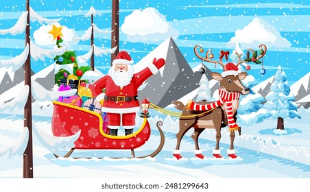 Christmas Background. Santa Claus Rides Reindeer Sleigh. Winter Landscape with Fir Trees Forest Mountains and Snowing. Happy New Year Celebration. New Year Xmas Holiday. Vector Illustration Flat Style