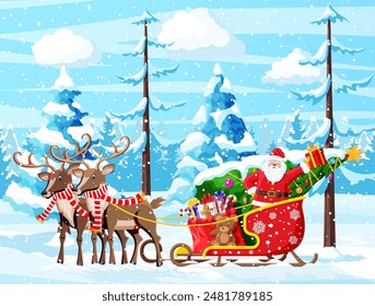 Christmas Background. Santa Claus Rides Reindeer Sleigh. Winter Landscape with Fir Trees Forest and Snowing. Happy New Year Celebration. New Year Xmas Holiday. Vector Illustration Flat Style