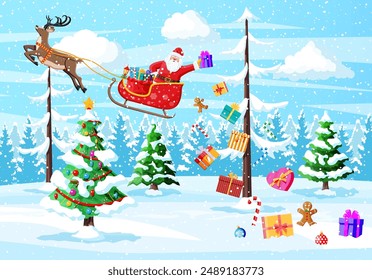 Christmas Background. Santa Claus Rides Reindeer Sleigh. Winter Landscape with Fir Trees Forest and Snowing. Happy New Year Celebration. New Year Xmas Holiday. Vector Illustration Flat Style