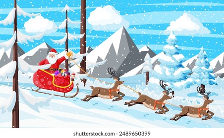 Christmas Background. Santa Claus Rides Reindeer Sleigh. Winter Landscape with Fir Trees Forest Mountains and Snowing. Happy New Year Celebration. New Year Xmas Holiday. Vector Illustration Flat Style