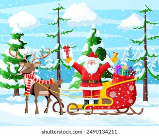 Christmas Background. Santa Claus Rides Reindeer Sleigh. Winter Landscape with Fir Trees Forest and Snowing. Happy New Year Celebration. New Year Xmas Holiday. Vector Illustration Flat Style